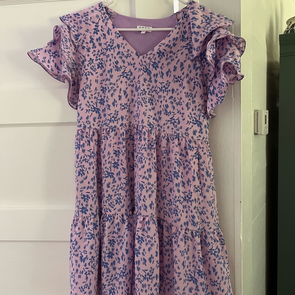 Floral Ruffle Sleeve Dress - Pink and Blue